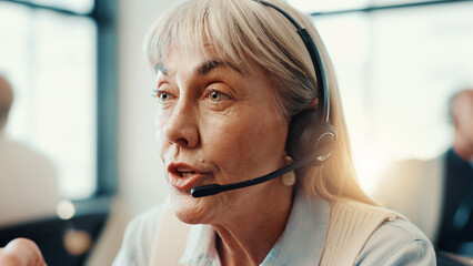 Call center, agent and woman with headset, sales and communication with contact for lead...
