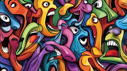 A vibrant display of exaggerated faces in a colorful composition.