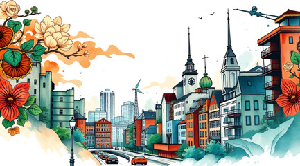 Spring Landscape in City Park &ndash; Blooming Garden, Green Fields & Blurry City Skyline | Peaceful Nature Scene vector Illustration.