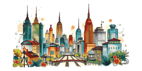 Spring Landscape in City Park &ndash; Blooming Garden, Green Fields & Blurry City Skyline | Peaceful Nature Scene vector Illustration.