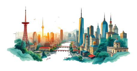 Modern City Skyline at Sunset and Night &ndash; Urban Silhouette Panorama in Watercolor and Flat Vector Style.