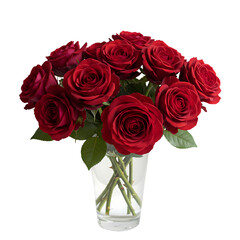 A Dozen Dark Red Roses in a Clear Glass Vase Elegant Simplicity isolated on transparent bacckground