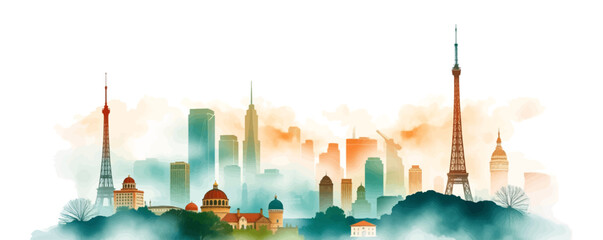 Modern City Skyline at  &ndash; Urban Silhouette Panorama in Watercolor and Flat Vector Style.