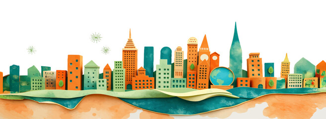 Watercolor Style Vector Illustration of a Beautiful City Park with Skyscrapers in the Background on a Spring Day.