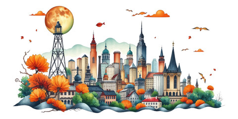 Spring Landscape in City Park &ndash; Blooming Garden, Green Fields & Blurry City Skyline | Peaceful Nature Scene vector Illustration.