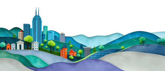 Watercolor Style Vector Illustration of a Beautiful City Park with Skyscrapers in the Background on a Spring Day.
