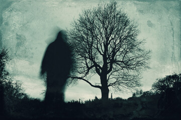 Looking up at spooky ghost blurred figure. Standing by a tree on a winters day. With a dark blurred grunge edit.