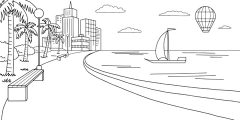 Park city sea graphic black white landscape sketch illustration vector