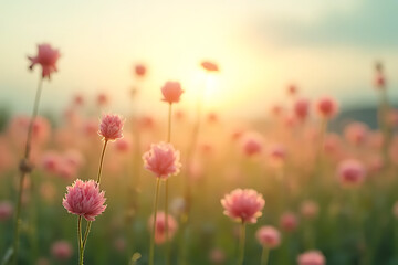 Obraz premium Soft Pink Flowers in Golden Sunset Glow Over a Tranquil Field