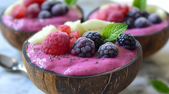 Vibrant smoothie bowls in coconut shells featuring fresh fruits and vibrant colors