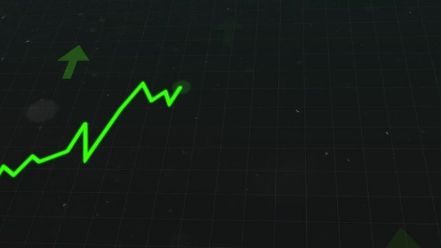 Green color graph line is moving upwords. 3D Bullish market animation.