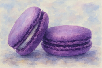 Purple Macarons &ndash; Watercolor Style, AI Enhanced Dessert Illustration
