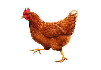 Brown chicken walking isolated on black background.