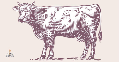 Cow, bull, beef. Retro style beef bull sketch, vintage cow drawing black white, old ink pencil artwork. Bull silhouette, side view cow profile, engraved beef print. Vector Illustration