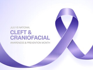 July is national cleft and craniofacial awareness and prevention month with a purple ribbon image