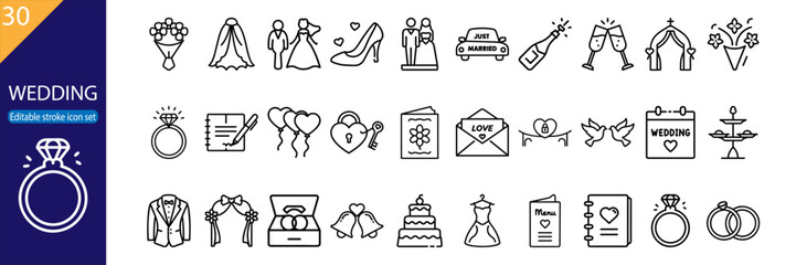 30 editable line icons for wedding, marriage, love, celebration, engagement, and floral arrangements. Vector illustration