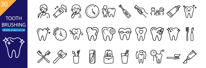 Set of 30 line icons related to tooth brushing, dental care, toothbrush, oral hygiene, dental tools, editable stroke, vector illustration