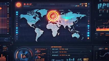 Futuristic digital world map interface displaying data analytics and monitoring systems in action - Powered by Adobe