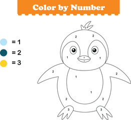 Color by numbers. Coloring page for kids. Coloring with cute penguin. Vector illustration