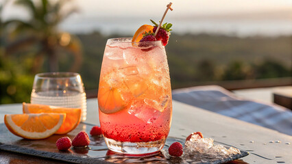 Refreshing pink cocktail with ice and fizz in bright summer daylight