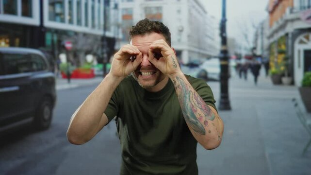 Young hispanic man with tattoos gestures binoculars with hands on urban street, capturing playful and curious expression in city environment.