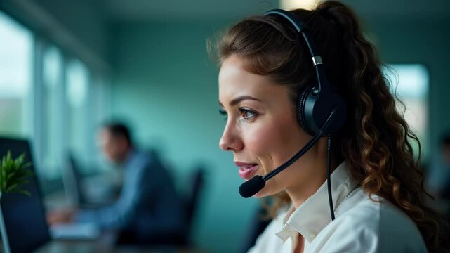 Customer service representative assists clients in a busy office environment during the day