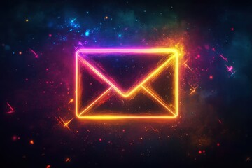 Glowing neon envelope in space, purple, pink, yellow light, sparks. Great for email marketing, newsletter design, or modern communication.