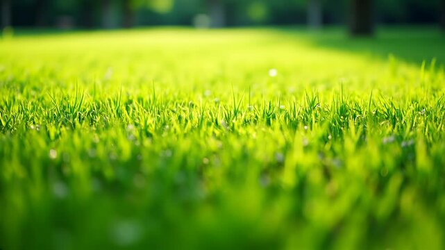 Lush green grass glistens in the sunlight during a serene morning at the park