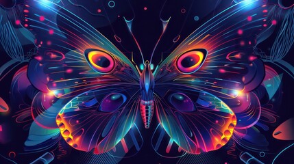 Glowing butterfly with colorful wings and geometric patterns on black pop art background.