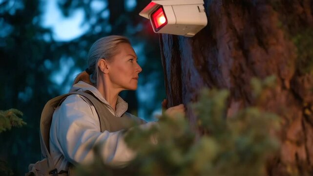 Technician installing night vision camera in park with infrared lens