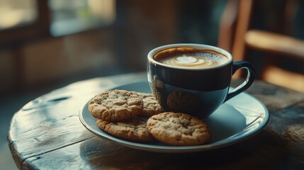 Dark blue coffee cup and cookies on a small plate on a wooden table. Use for food blogs, cafe promotions, and cozy, relaxed themes.