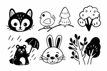 Cute black and white animal and nature clipart set