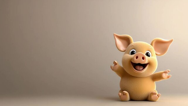 Cheerful cartoon pig character with a joyful expression, set against a neutral background