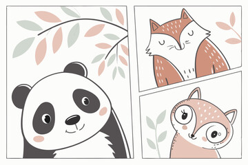Cute panda and foxes nursery print