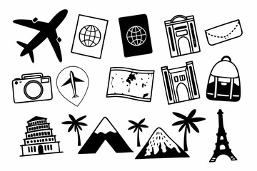 Travel icon set airplane eiffel tower statue of liberty