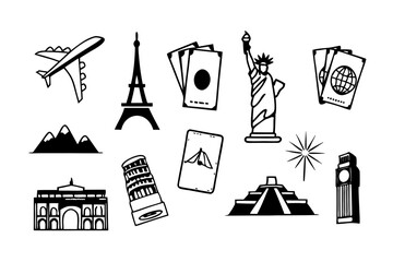 Travel icon set airplane eiffel tower statue of liberty