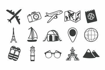 Travel icons set airplane camera map passport eiffel tower