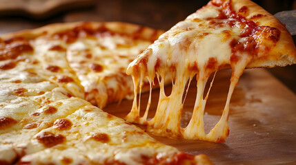 Mouthwatering pizza slice with cheese pull, showing the cheesy deliciousness