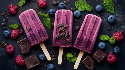 Delicious homemade blueberry popsicles with dark chocolate chunks on dark surface