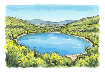 Scenic lake surrounded by green hills and blue sky in summer  