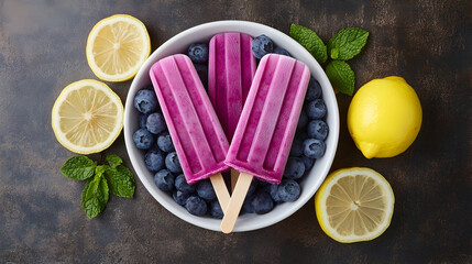 Vibrant blueberry popsicles adorned with lemon slices and fresh mint leaves