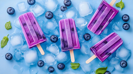 Delicious blueberry popsicles surrounded by ice cubes and fresh mint leaves
