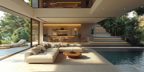 Interior of Open-Plan Villa with Pool and Lush Greenery Near the Dining and Kitchen Area