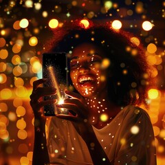 Smartphone frame displaying a joyful moment captured with vibrant colors, candid expressions, modern digital photography style highlighting happiness and social connection. AI generated illustration.