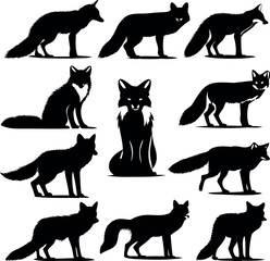 Collection of stylized fox silhouettes in various poses and arrangements