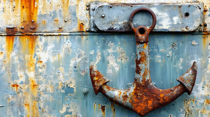 Weathered maritime relic: close-up of a rusting anchor on aged metal structure