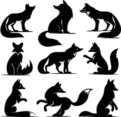Silhouette Collection of Foxes in Various Poses, Showing Distinctive Body Language