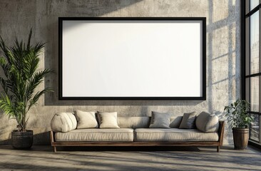 Fototapeta premium Modern interior with blank frame and couch