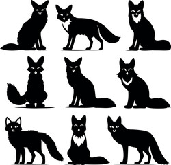 A collection of nine stylized black fox silhouettes on a white background