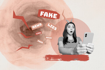 Trend banner collage of person on red background with fake lies phrase